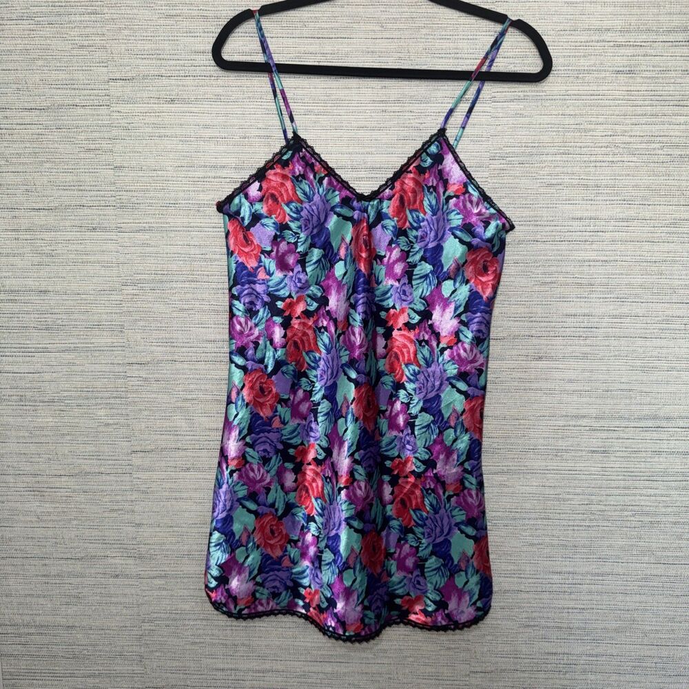 Vintage Floral Satin Slip Nightgown Vibrant Rose Floral Black Lace Trimmed